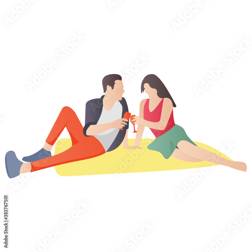 
A couple is sitting outdoor on picnic 
