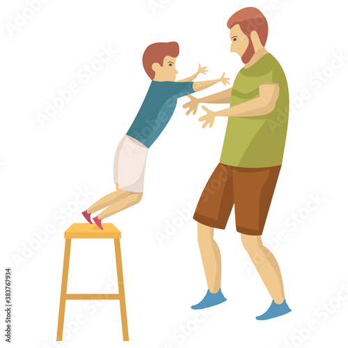 
A caring father is playing and protecting his son 
