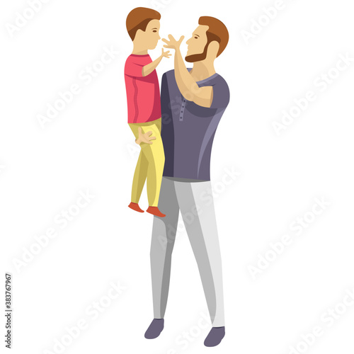 
Dad is holding his son, child rearing 
