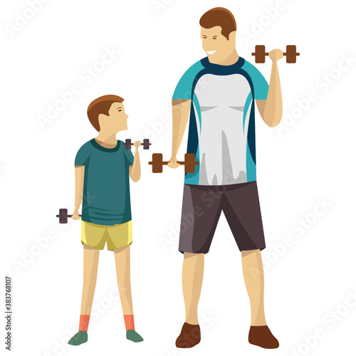 
A dad and daughter are doing exercise with dumbbells 
