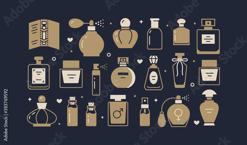 Perfume bottles poster with glyph icons. Vector horizontal illustration included icon glass sprayer, luxury parfum sampler, essential oil, cologne gold pictogram for cosmetic store flyer, brochure