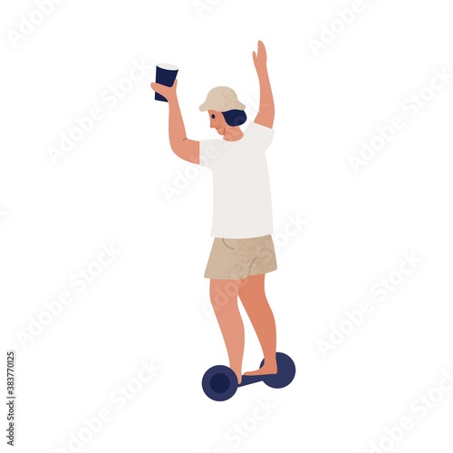 Modern guy riding on electric gyroscooter holding glass with beverage vector flat illustration. Relaxed man in hat driving self balancing transport vehicle isolated on white. Male at pool party