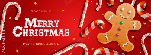 Horizontal Christmas banner, greeting cards, headers, website. Vector illustration with Christmas candy cane and gingerbread man