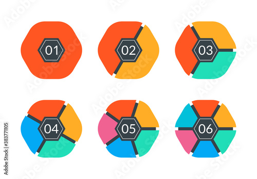 Pie chart set. Modern diagram graph with 1,2,3,4,5,6 steps or parts. Infographic template for business presentation. Vector illustration.