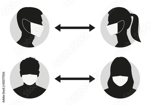 Social distancing icon with man and woman face in surgical or medical mask. Safe distance concept for flu and coronavirus prevention. Vector illustration.