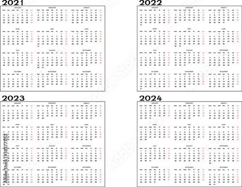 Calendario 2021, 2022, 2023 y 2024 en ingles