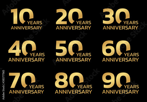 Anniversary set. Birthday golden badge or logo collection with 10, 20, 30, 40, 50, 60, 70, 80, 90 years celebrating. Vector illustration.