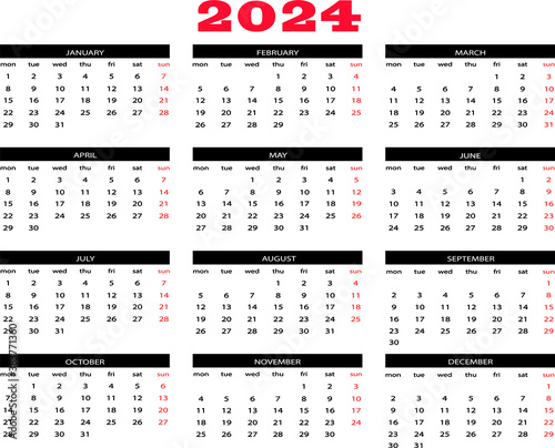 Calendario 2024 en ingles vector
