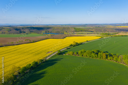 Notincs, Hungary - Aerial view of cultivated blooming canola field at countryside with tiny lake at the background and beautiful spring colors. © János Illési