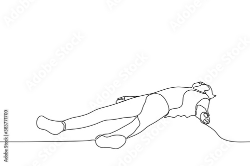 man is lying on the floor on the ground. one line drawing of a man lying on his back tired, sleeping or dead