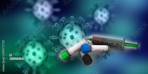 3D illustration covid 19 blood testing sample bottle with syringe
