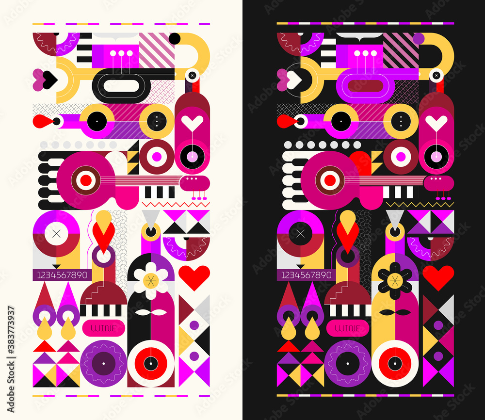 Two options of abstract art vertical composition of wine bottles and music instruments isolated on a white and on a black backgrounds. Geometric style vector illustration.