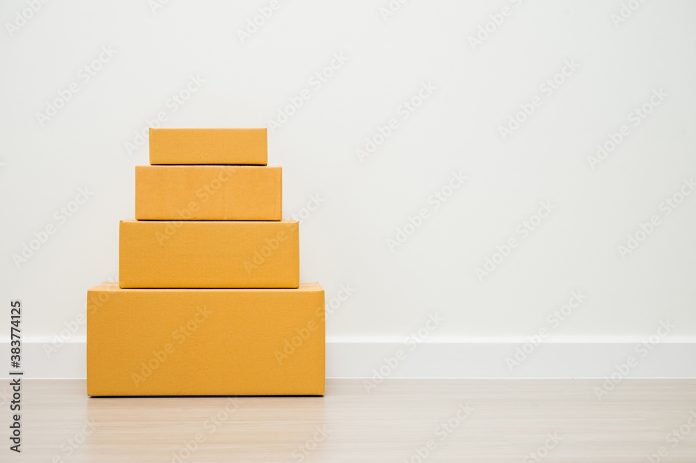 Stacking of box parcel cardboard mock up on blank space white background.