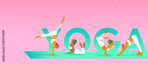 Young women in white sportswear doing yoga exercises on a pink background with YOGA lettering on a green yoga mat. Vector illustration for Yoga day, t-shirt graphics, banners, icons, web, posters