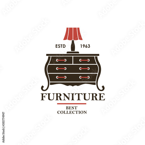 cabinet furniture label with vintage commode isolated on white background