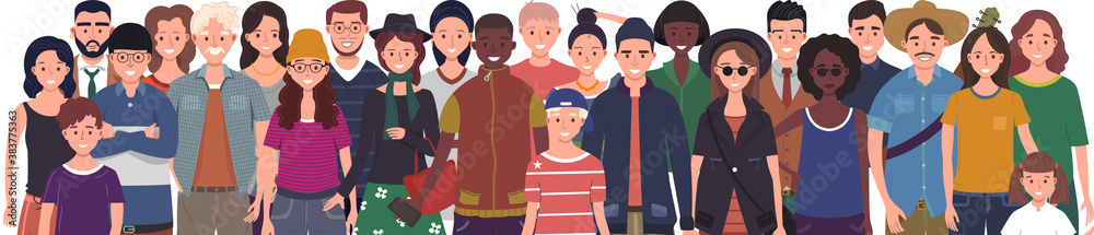 Obraz premium Multinational group of people isolated on white background. Children, adults and teenagers stand together. Illustration