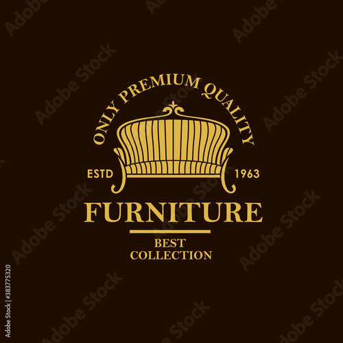 soft furniture label with sofa isolated on black background