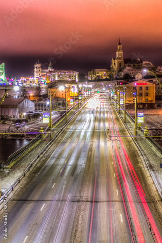 Belarus, Grodno. Road at night in winter. City center.