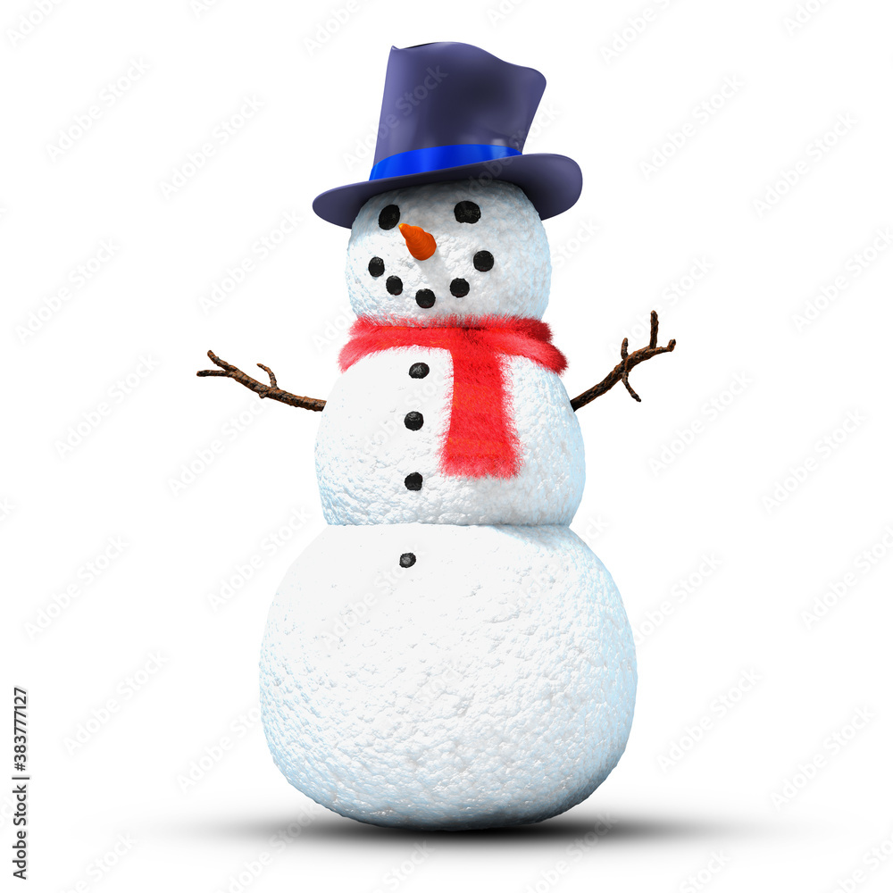 3d snowman with hat and red scarf on white background.