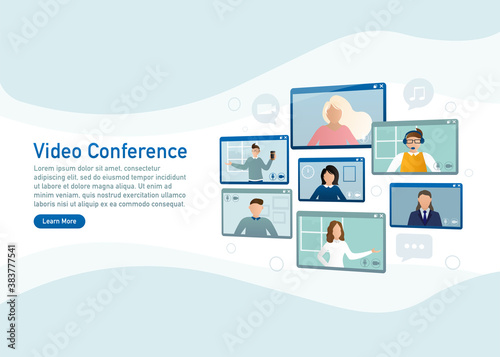 Flat illustration. Video conference. Video call between friends, chatting online by mobile app. Stay at home, work, communication remotely. Vector illustration.