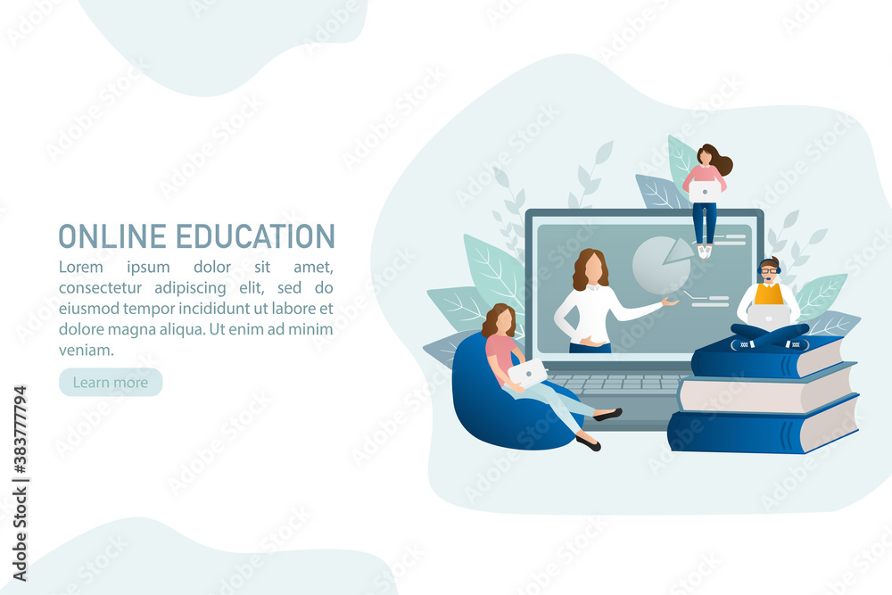 Fototapeta premium Flat icon with online education. Character for web marketing design. Technology concept. Vector illustration.