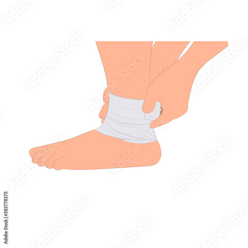 graphics image hand of man holding applying compression bandage onto ankle injury concept First aid for ankle injuries vector illustration