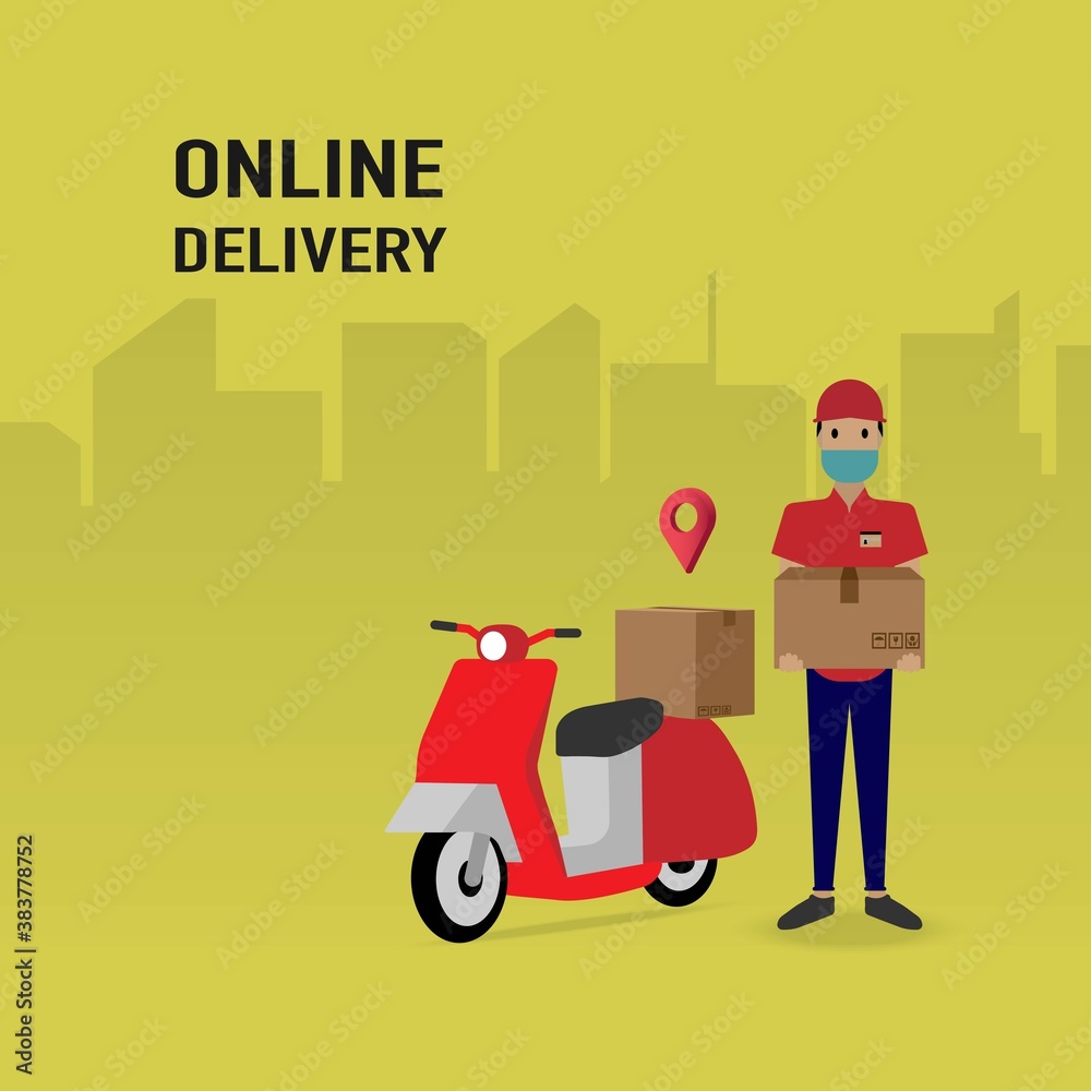 Delivery man wearing face mask while delivering a parcel with motorcycle vector. Delivery online concept. City logistics concept. Flat design. Copy space for text. Delivery man wearing face mask while delivering a parcel with motorcycle vector. Delivery online concept. City logistics concept. Flat design. Copy space for text.