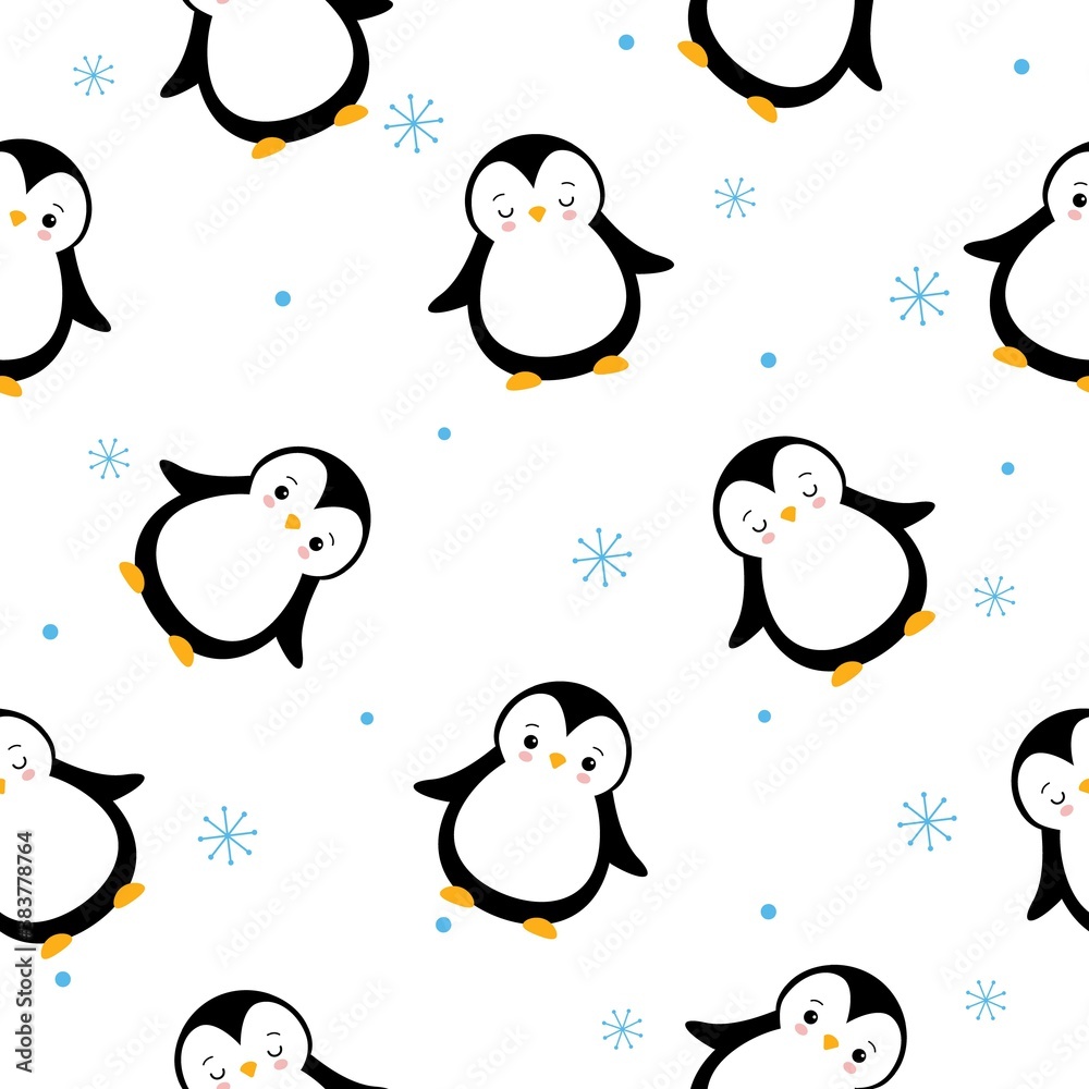 Fototapeta premium The vector pattern with cartoon penguins and snowflakes