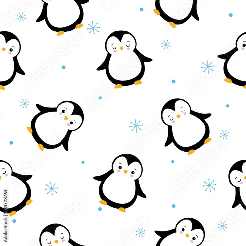 The vector pattern with cartoon penguins and snowflakes