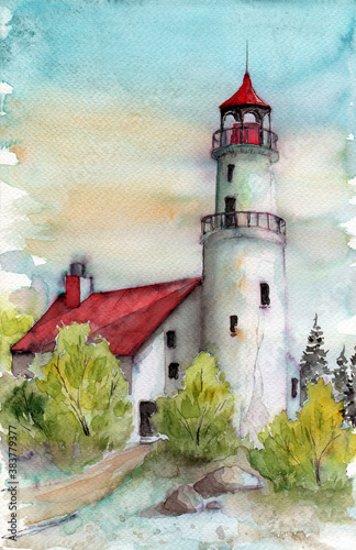 Watercolor illustration of a lighthouse with an additional building on a hill with some trees and shrubs near it