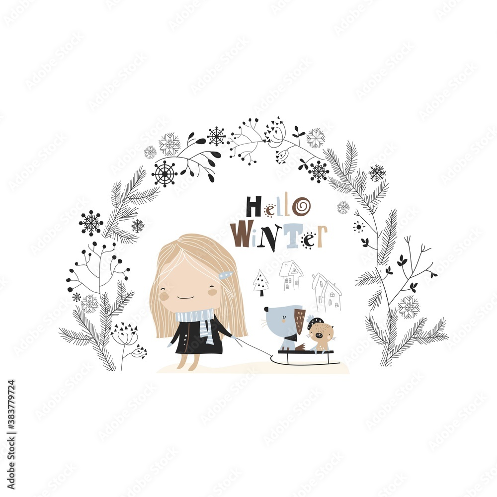 Cute cartoon girl carrying animals on a sled Cute cartoon girl carrying animals on a sled