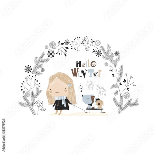 Cute cartoon girl carrying animals on a sled