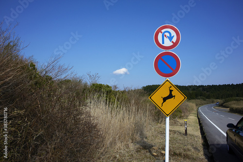 鹿飛び出し注意の道路標識と道路脇の藪