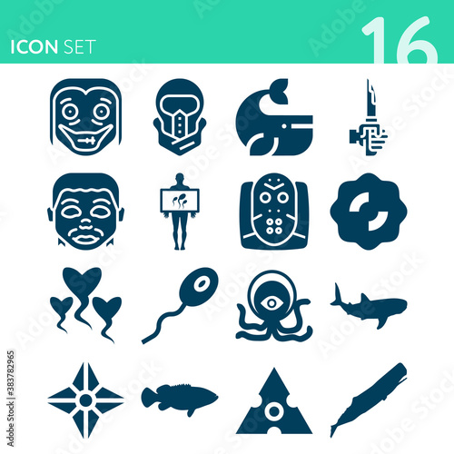 Simple set of 16 icons related to whale
