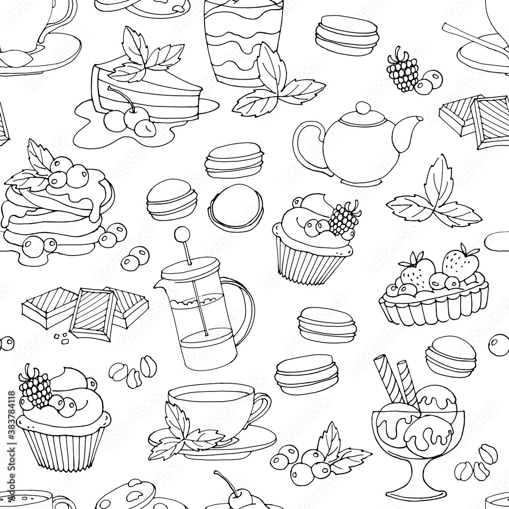 Seamless pattern with fresh desserts, coffee, tea, berry, ice cream, cupcakes and chocolate.
