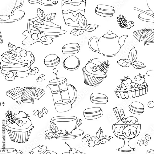 Seamless pattern with fresh desserts, coffee, tea, berry, ice cream, cupcakes and chocolate. photo