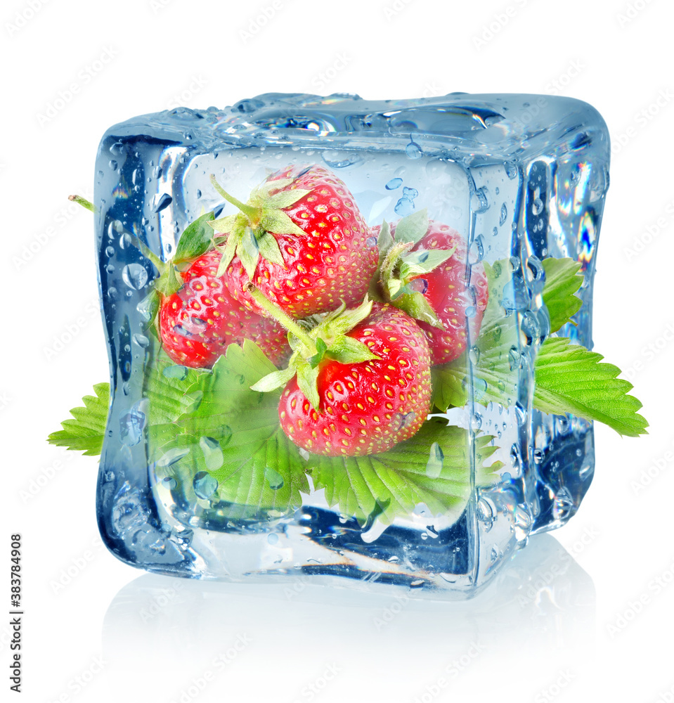 Naklejka Ice cube and strawberry isolated