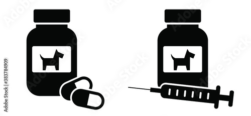 Dog medicine bottle and pills and injection needles. Container with pills and hypodermic needle or disposable syringe. Prescription medicine for animal. Flat vector dogs sign.