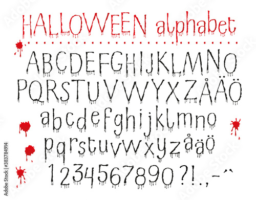 Spooky Halloween Dripping Blood Alphabet with Uppercase, Lowercase, Numbers and Punctuation and Blood Stains