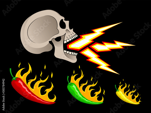 A human skull with a burning mouth, with lightning bolts from an open mouth. Hot mexican chili pepper
