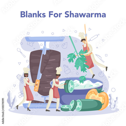 Shawarma street food concept. Chef cooking delicious roll