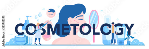 Cosmetology typographic header. Young woman with skin