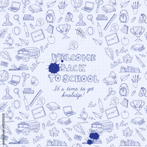 Back to school greeting card of kids doodles with bus, books, co