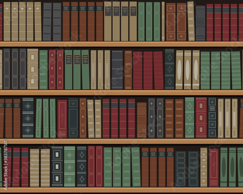 Bookshelves with books. Seamless background. Old books on the shelves. Library of retro books. Bookstore. Vector illustration. Flat style.