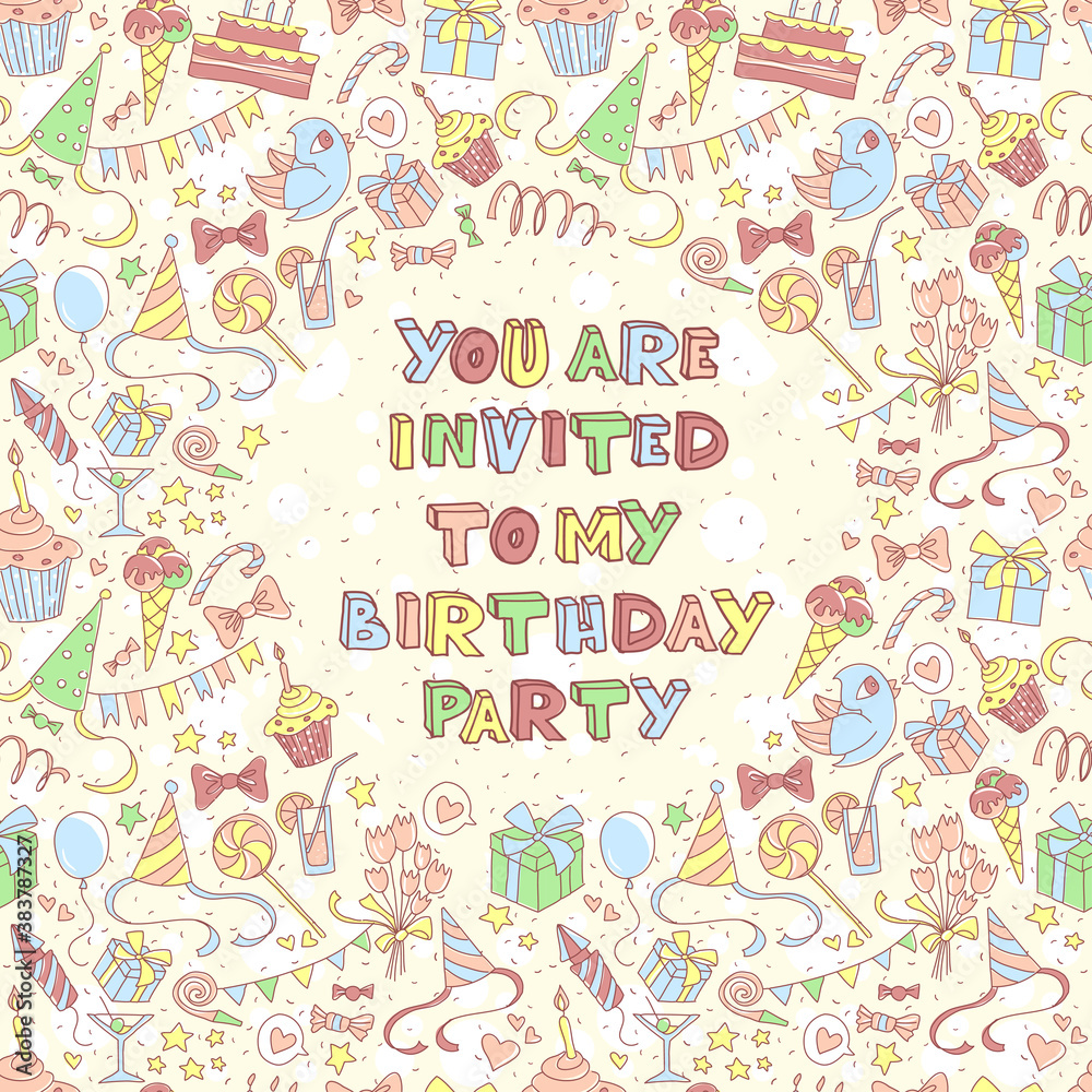 Happy birthday party greeting card invitation with hand drawn pa Happy birthday party greeting card invitation with hand drawn pa