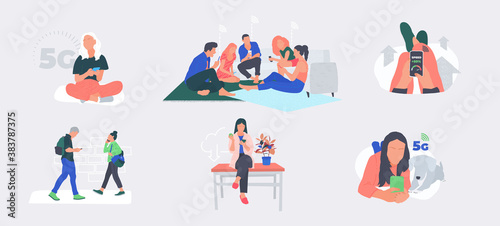 5g mobile bundle. People surfing the internet with high-speed wifi connection illustration. Modern technology for a comfortable millennial lifestyle. Man using a phone at home vector concept. 