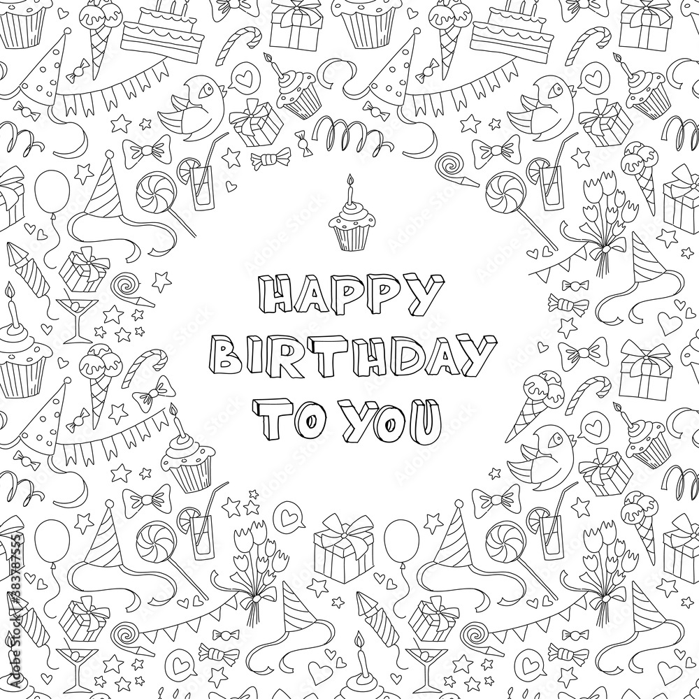 Happy birthday greeting card with hand  drawm pattern and letter