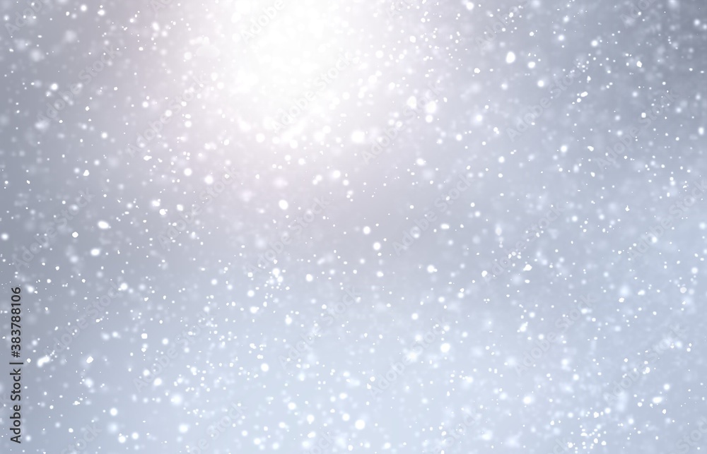 Silver snow falling abstract texture. Bright shine on grey gloss background. Winter outdoor decoration.