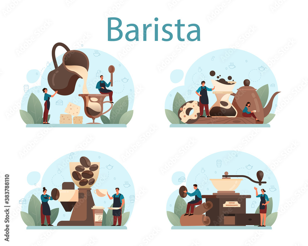Barista concept set. Bartender making a cup of hot coffe. Energetic Barista concept set. Bartender making a cup of hot coffe. Energetic