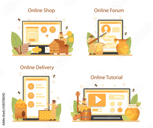 Hiver or beekeeper online service or platform set. Professional farmer